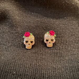 Bella and Jack Gold Skull Earrings with Red Rose